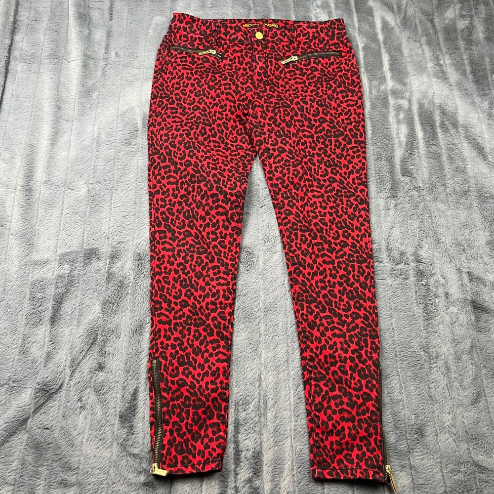 Michael Kors Red Black Leopard Print Skinny Jeans Gold Zip Ankle Size 6